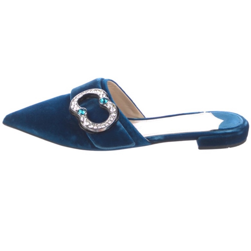 Prada Blue Velvet Pointed Toe Mules with Crystal Embellishments 37.5